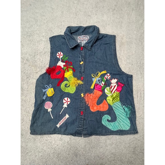 Tantrums Jackets & Blazers - Tantrums Vintage Christmas Denim Vest Large Blue Stocking Candy Cane Applique